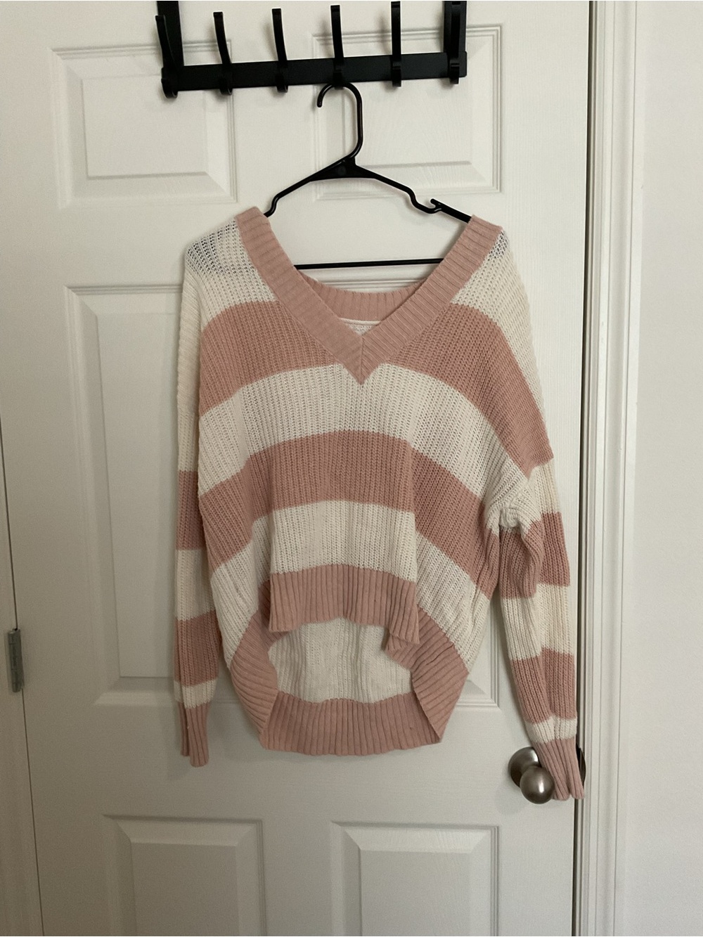American Eagle Outfitters Blush and Cream Striped V-Neck Sweater